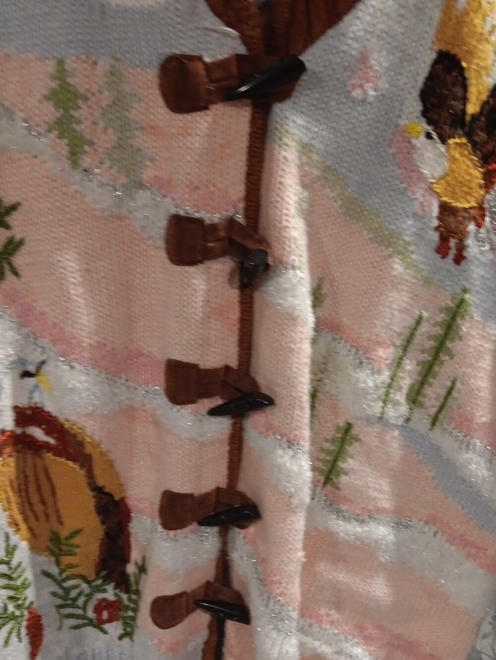 Storybook Knits Light Blue, Brown, Pink Embroidered Bird Shawl-Front Cardigan - Picture 4 of 9